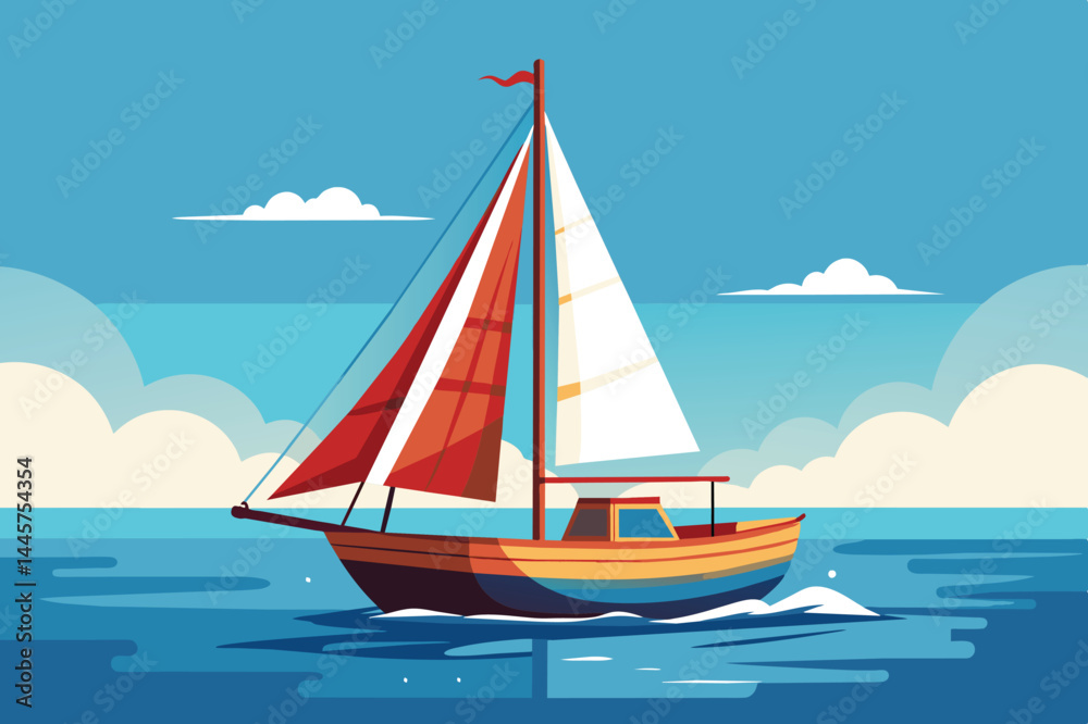 Fototapeta premium A vibrant sailboat with red and white sails navigates smoothly across tranquil waters, surrounded by picturesque clouds on a beautiful day.