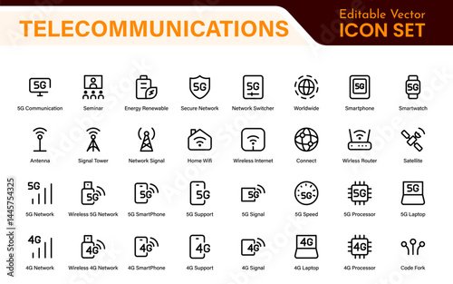 Modern 5G Telecommunications Line Icons – Minimalist Vector Outline Illustrations for Wireless Tech, Mobile Data, Network Infrastructure, and IoT Connectivity