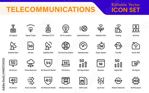 Modern 5G Telecommunications Line Icons – Minimalist Vector Outline Illustrations for Wireless Tech, Mobile Data, Network Infrastructure, and IoT Connectivity