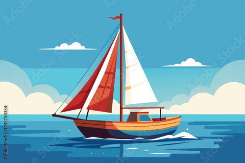 A vibrant sailboat with red and white sails navigates smoothly across tranquil waters, surrounded by picturesque clouds on a beautiful day.