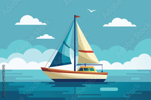 A colorful sailboat navigates tranquil waters, enjoying the clear blue sky adorned with fluffy clouds and a solitary bird flying overhead.