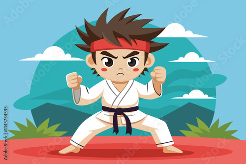 A young martial artist stands poised in a white gi and black belt, ready to practice martial arts, against a vibrant, nature-inspired background.