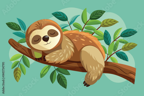 A sloth lounges comfortably on a thick branch, its eyes closed in relaxation among the rich green foliage of a tranquil forest setting.