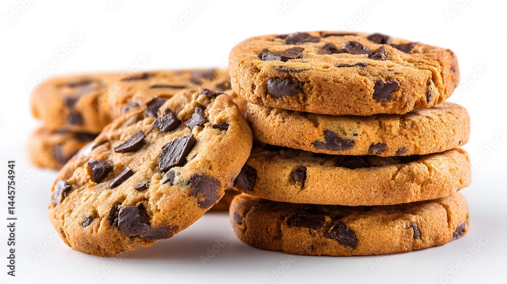 A close up view of a stack of chocolate chip cookies with some cookies in the background on white A close up view of a stack of chocolate chip cookies with some cookies in the background on white