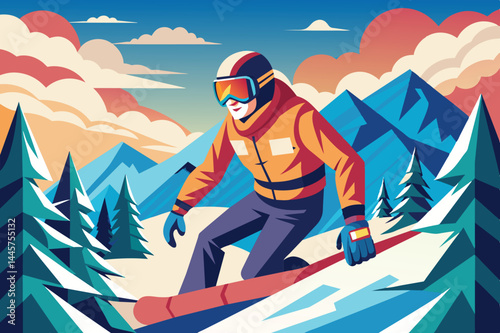 The snowboarder skillfully navigates snowy terrain, enjoying winter sports amid majestic mountains and lush pine trees under a bright blue sky.