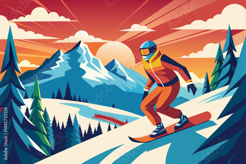 A snowboarder descends a snowy slope at sunset, flanked by tall evergreen trees and stunning mountains. The sky glows with orange and pink hues, creating a vibrant atmosphere.