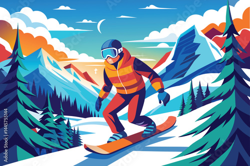 The snowboarder carves through pristine snow, set against a backdrop of towering mountains and lush green pines under a bright blue sky with scattered clouds.