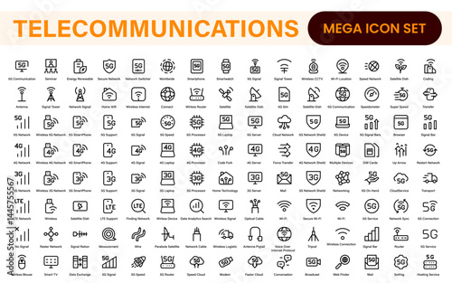 Modern 5G Telecommunications Line Icons – Minimalist Vector Outline Illustrations for Wireless Tech, Mobile Data, Network Infrastructure, and IoT Connectivity