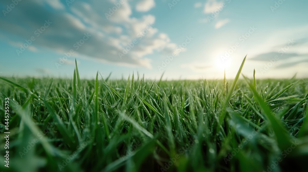 An up-close view of dewy grass basking in the sunlight, showcasing nature's beauty and tranquility, inviting a sense of peace and connection to the outdoors.