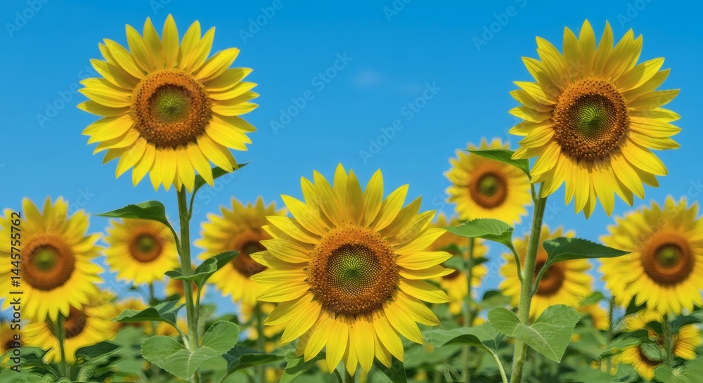 Blooming Sunflower Field Against Clear Blue Sky on a Sunny Day Blooming Sunflower Field Against Clear Blue Sky on a Sunny Day