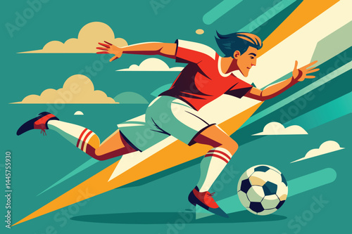 A soccer player in a red jersey races toward the ball, showcasing determination and speed, surrounded by a striking blue and yellow background.