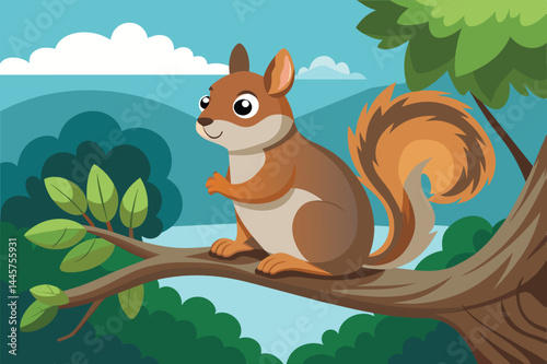 A lively squirrel sits on a sturdy branch, surrounded by vibrant green leaves, under a bright blue sky with fluffy clouds, enjoying the warm sunshine.