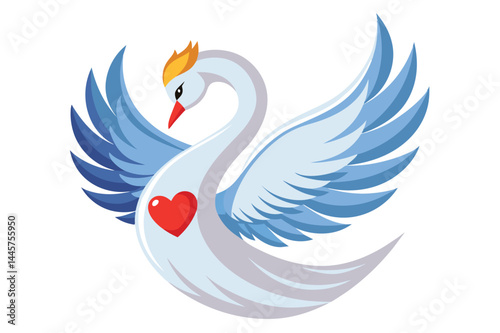 A beautifully designed swan with vibrant blue wings and a heart pattern, embodying love and elegance in a contemporary artistic style.