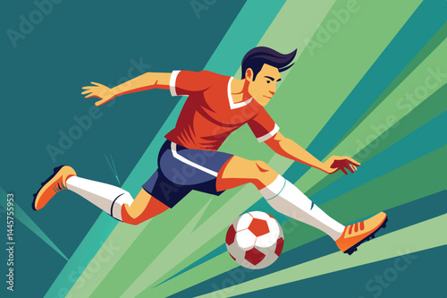 A skilled soccer player in an orange jersey dribbles a soccer ball while running energetically across a vibrant backdrop, showcasing athleticism and focus during the match.