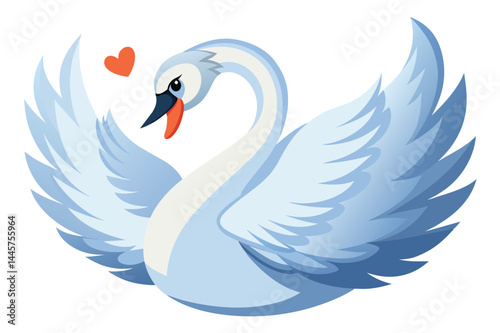 This delightful illustration showcases a majestic blue swan spreading its wings wide, exuding charm and affection with a heart motif above its head.