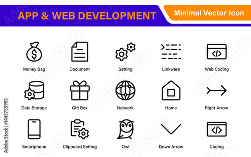 Professional App Web Development Icons – Modern Outline Vector Set for UI, UX, Programming, Websites, Coding, Digital Products, and Software