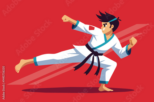 A martial artist executes a powerful kick while wearing a traditional karate gi, showcasing skill and focus in a bright red environment during training.