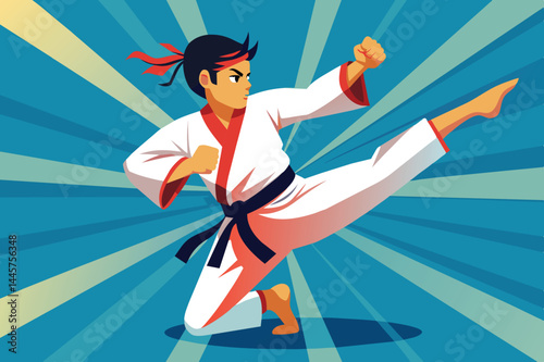 A young martial artist executes a dynamic kick, showcasing skill and strength. The bright blue backdrop enhances the energy of the moment, highlighting the action.