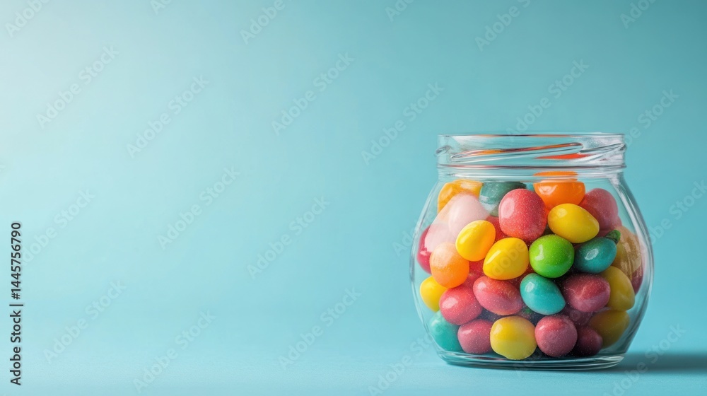 Glass Jar Filled With Colorful Candy Against Blue Background Studio Shot Glass Jar Filled With Colorful Candy Against Blue Background Studio Shot