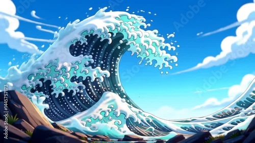 animated wave with data particles and tech elements in digital ocean concept