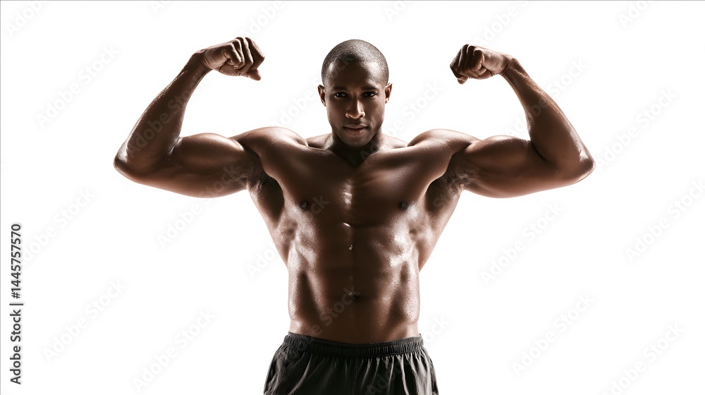 Muscular man flexing his biceps and chest in a studio with a bright white background and dark shorts Muscular man flexing his biceps and chest in a studio with a bright white background and dark shorts