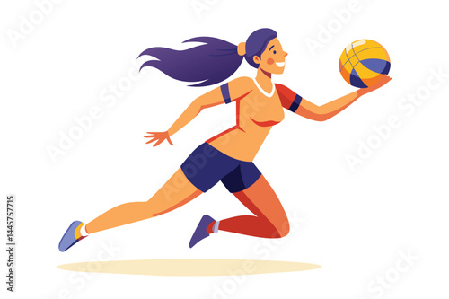 A young woman sprints energetically, clutching a basketball in her hands, demonstrating athleticism and enthusiasm in a sports environment.