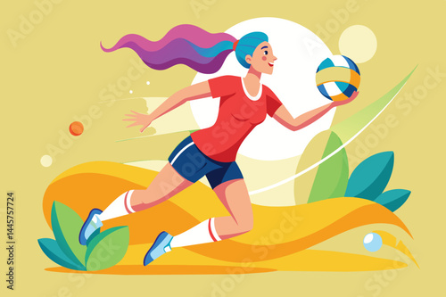 A young woman in a red shirt runs energetically while holding a volleyball, illustrating her enthusiasm for the sport in a lively, colorful environment.
