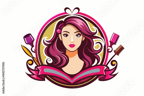 This creative logo showcases a woman with long pink hair, adorned with a hairpin, framed by hairdressing tools including brushes and scissors in an artistic design.