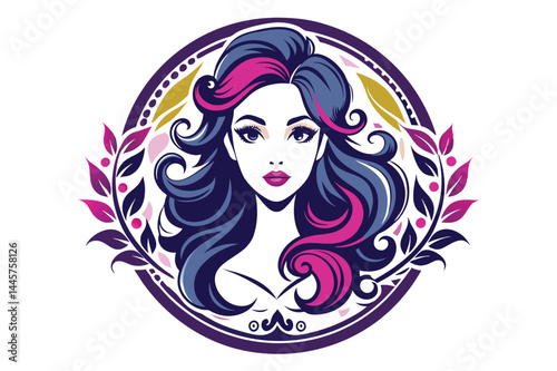 A stylish woman with flowing hair featuring pink and dark hues captivates attention, surrounded by delicate floral elements in a circular composition.