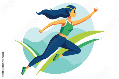 A young woman in athletic clothing is energetically sprinting through green grass, embracing the outdoors on a sunny day while staying active and healthy.