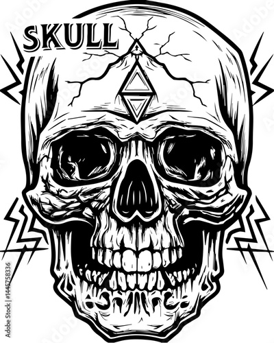 Cracked skulls with hellish themes illustrated in SVG vector style. Skull Illustration with Lightning Bolts and Geometric Shapes