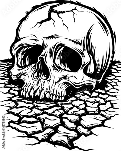 Cracked skulls with hellish themes illustrated in SVG vector style. Cracked Skull on Dry Ground Illustrating Mortality and Decay