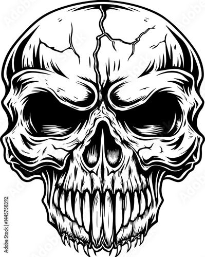 Cracked skulls with hellish themes illustrated in SVG vector style. Detailed Black and White Skull Illustration with Sharp Features