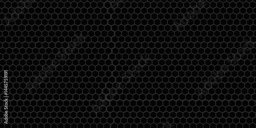 Dark grey abstract wide horizontal banner with hexagon carbon fiber grid and orange luminous lines. Technology vector background with orange neon lines