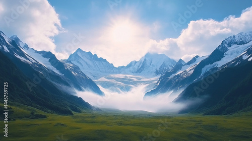 Majestic Snow-Capped Mountains with Lush Green Valley and Mist