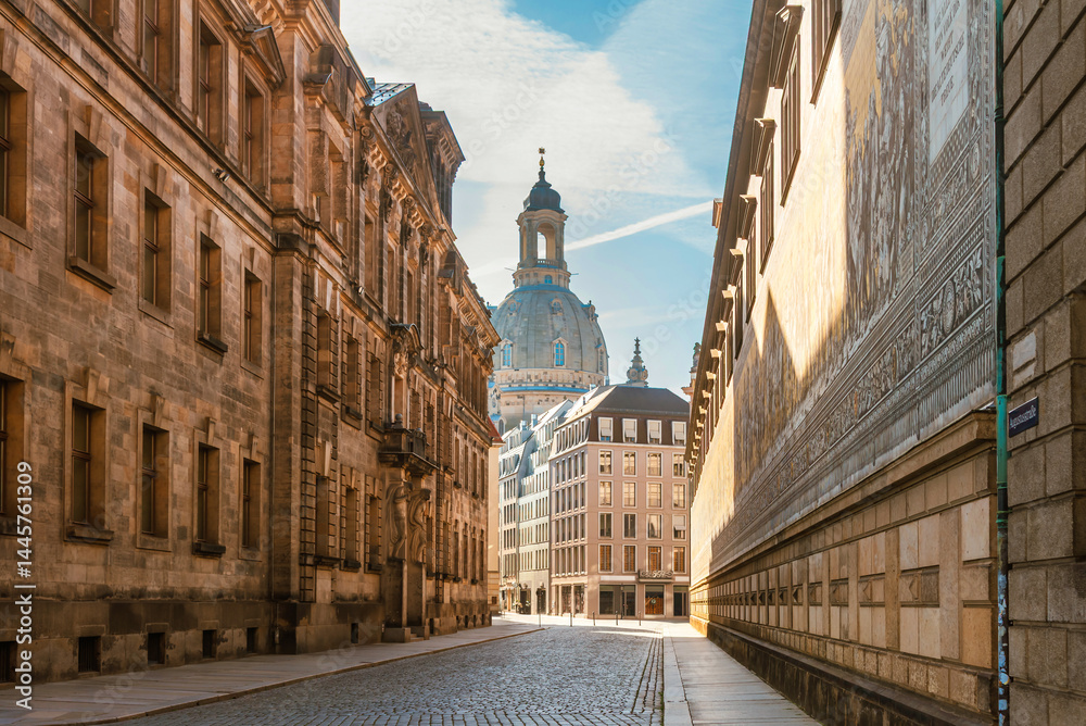 Dresden, the capital of Saxony. View of the Frauenkirche on a sunny day