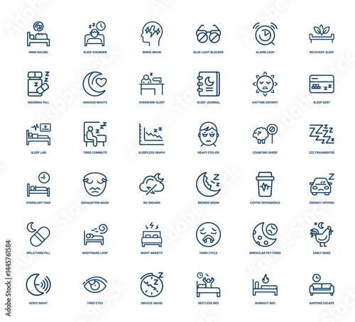collection sleep-related icons disorders conditions behaviors associated fatigue