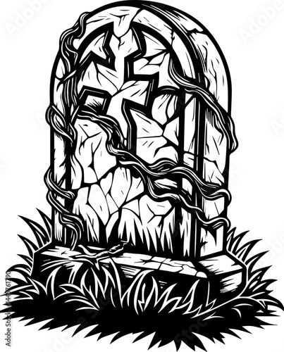 Haunted landscapes with a dark atmosphere, rendered in SVG vector format. Detailed Black and White Illustration of an Old Tombstone with Vines