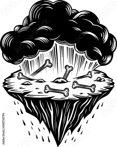 Haunted landscapes with a dark atmosphere, rendered in SVG vector format. Eerie Island with Clouds and Bones in Dark Artistic Style