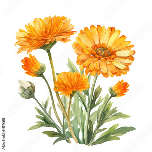 Watercolor Calendula Flower, clipart Illustration, Generative Ai
