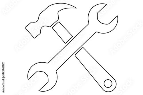 crossed hammer and wrench continues line art vector illustration
