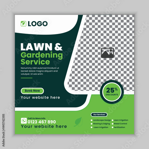 Creative Garden Maintenance and Lawn Care Social Media Post Design Template, web banner for Lawn Mower gardening service, Agriculture farming concept  online post flyer design