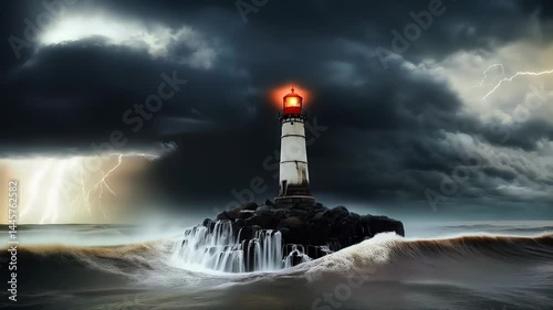Lighthouse enduring a fierce storm with crashing waves and striking lightning. Concept of perseverance and resilience in challenging conditions. Visual representation of overcoming adversity.