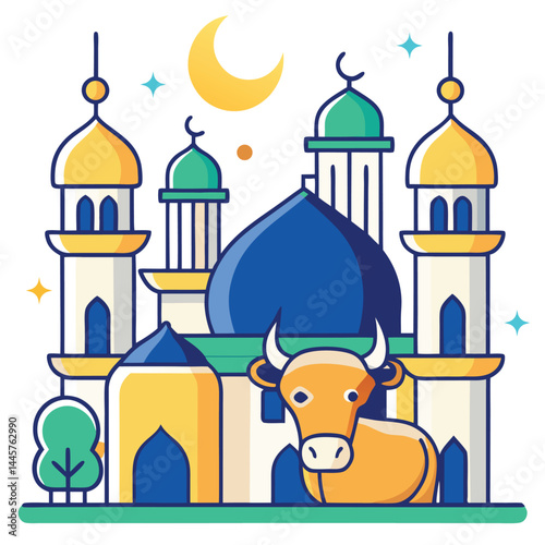 Beautiful girls and healty cow at mosque with simple whimsical in flat illustration