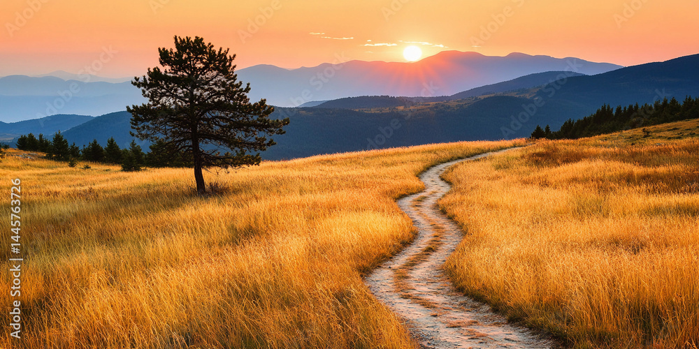 Solitary tree along a winding path at sunset in the hills Generative AI