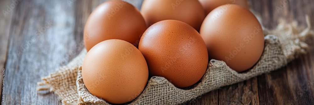Close-up of brown eggs on burlap in a rustic setting Generative AI