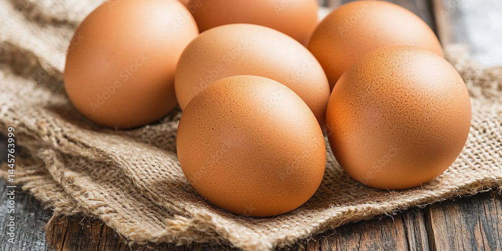 Brown eggs grouped on a rustic burlap surface Generative AI