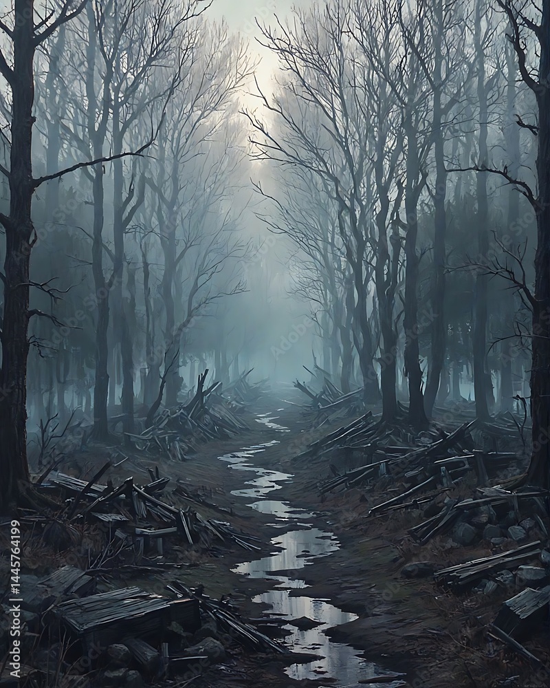 Obraz premium Misty Forest Path: Ruins and Stream