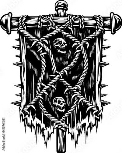 Dark Fantasy skull elements in SVG vector style.Dark Banner with Skull Design and Spiked Wooden Pole Details