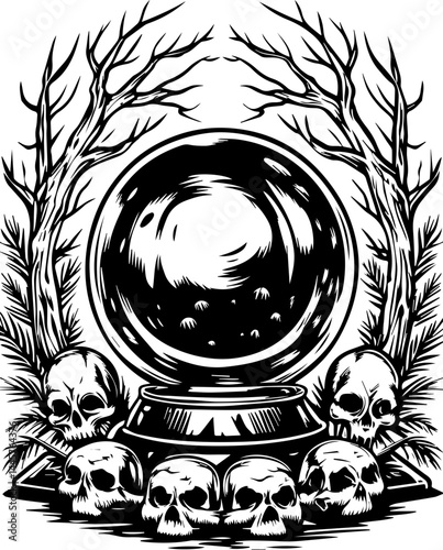 Dark Fantasy skull elements in SVG vector style.Mysterious Crystal Ball Surrounded by Skulls and Twisted Branches